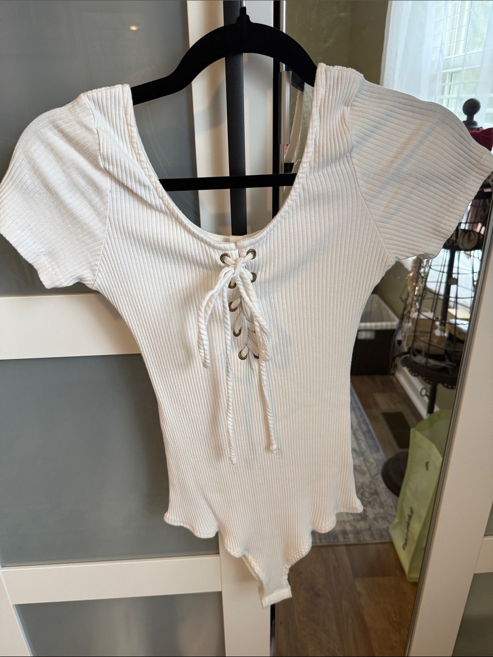 Wishlist White Ribbed Lace-Up Short Sleeve Bodysuit